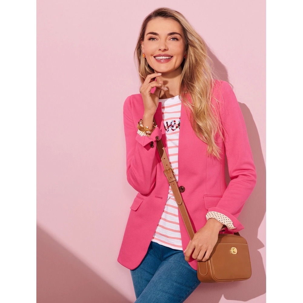 Talbots Easy Knit Hot Pink Cotton Blend Blazer Size 16W Polka Dot Lining